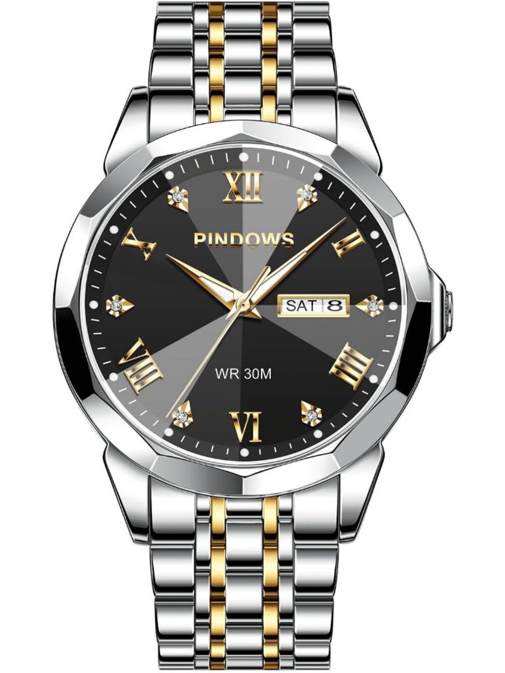 Men's Black Gold Silver Classic Quartz Watch Stainless Steel Diamond Dial Watch